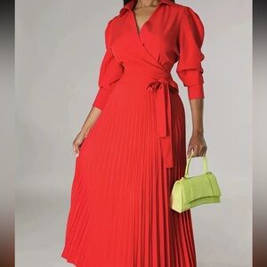 Red Pleated Wrap Midi Dress
